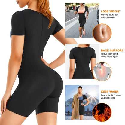 URSEXYLY Sauna Suit for Women Sweat Vest Waist Trainer 3 in 1 Slimming Full Body Shaper Workout Top with Sleeve Shorts (Black, XX-Large)