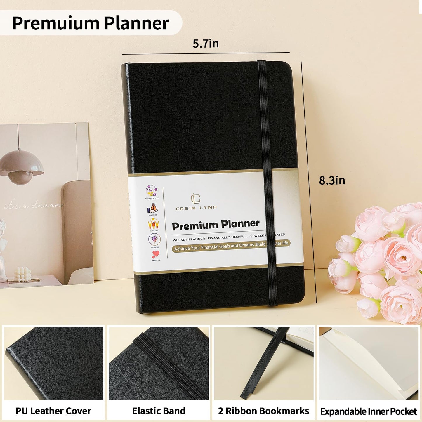 Planner 2025-2027, 36 Months Weekly and Monthly Planner with Budget & Goal Setting, 8.3" x 5.7", Flexible Cover, Daily Organizer with Inner Pocket, Bookmarks, Pen Holder for School Office Home, Black