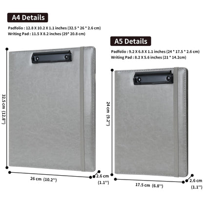 Wonderpool A4 PU Leather Clipboard Partfolio Notepad Forms Holders Document Case - Interview Planner Meeting Writing Padfolio File for Office Travel School Hotel (Grey, A4)