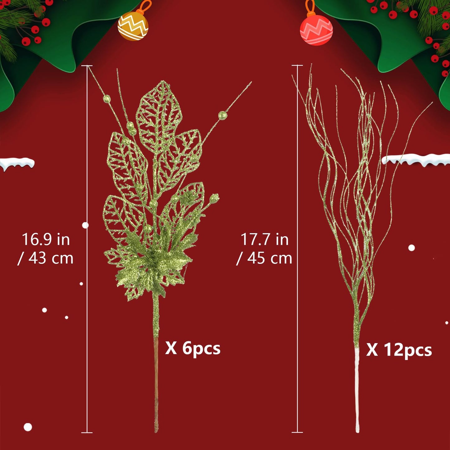 IPOPU 18 Pcs Christmas Tree Picks and Sprays, Green Giltter Berry Flowers Stems 17.7" Artificial Curly Willow Branches for Xmas Wreath Decorations Vase Filler Holiday Centerpieces (Green)