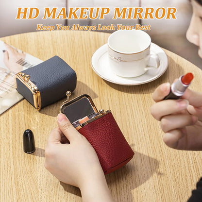 Axcvveiyi Genuine Leather Lipstick Case with Mirror, Travel Mini Durable Soft Cosmetic Bag for Women,Retro Kiss Lock Toiletry Bag Suitable Daily Touch-up (Wine Red)
