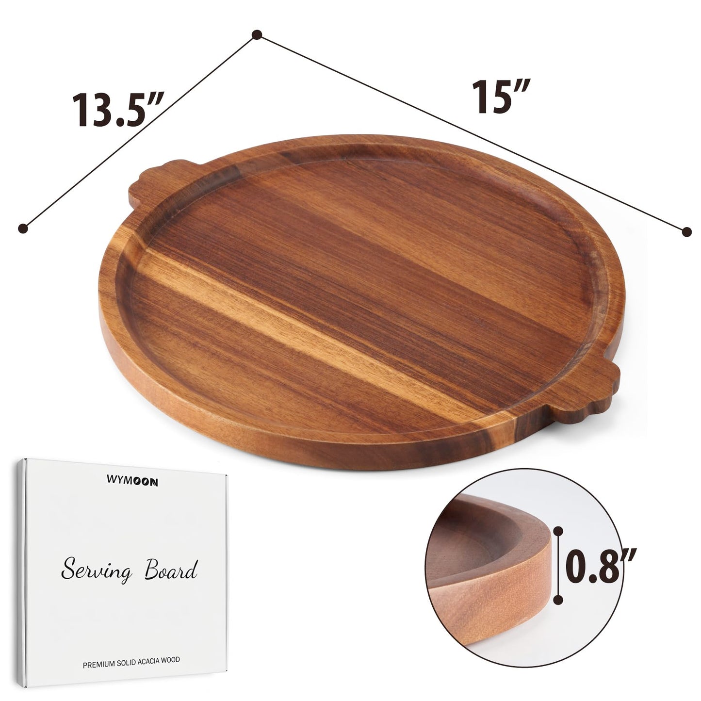 Charcuterie Board | Acacia Wood Serving Tray with Handles 13'' | Round Decorative Ottoman Coffee Table Tray | Circular Wooden Cheese Board Serving Platter for Party Supplies | Includes 1 Board