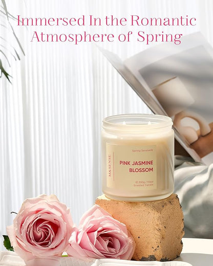 M&SENSE Pink Jasmine Rose Scented Candle - 11.6oz Natural Soy Wax 70-Hour Long Lasting Burn Time, 2-Wick Spring Non-Toxic Candle for Home Decor Flower Scent Gifts for Women Teacher