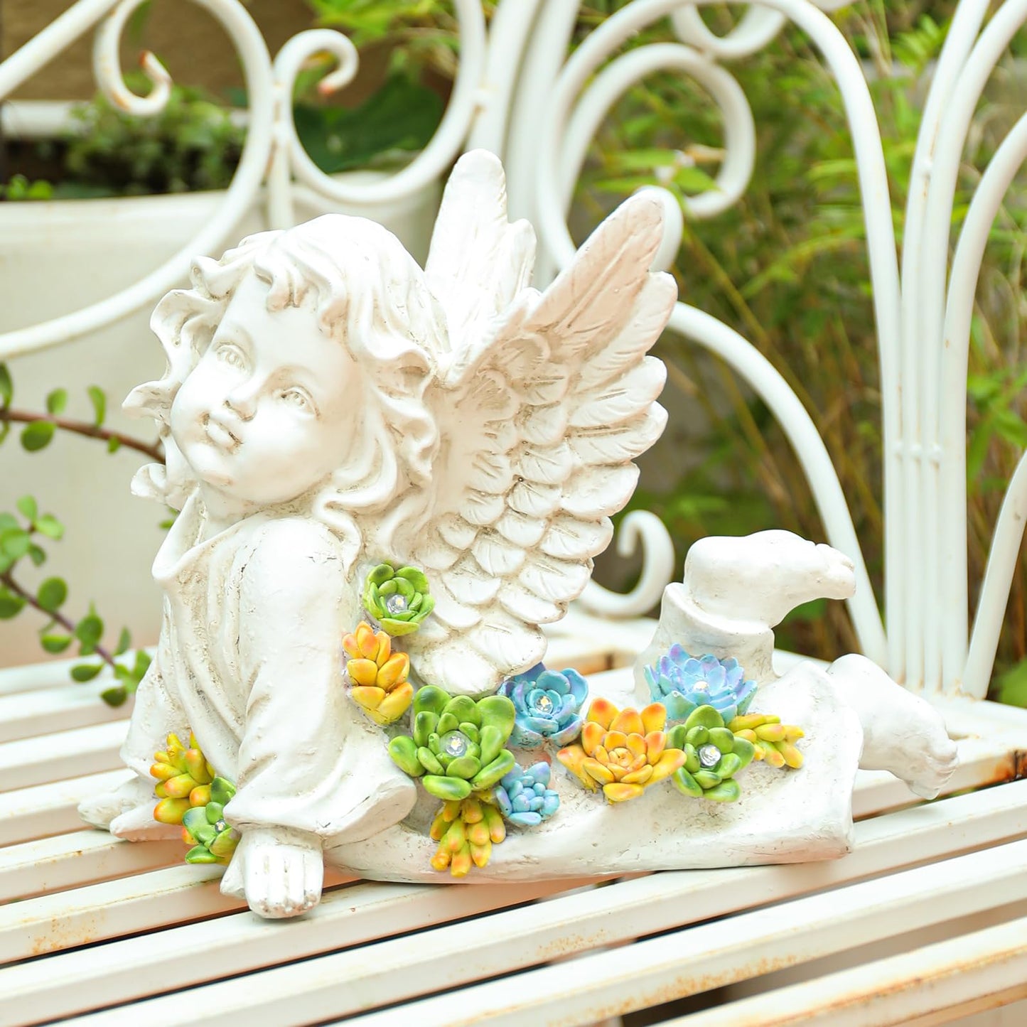 Solar Cherub Angel Outdoor Garden Decor Statues - 7 inches Baby Angel Figurines Outdoor Sculptures with Succulent, Garden Statues for Outside, Patio, Balcony, Lawn Ornaments or Housewarming Gift