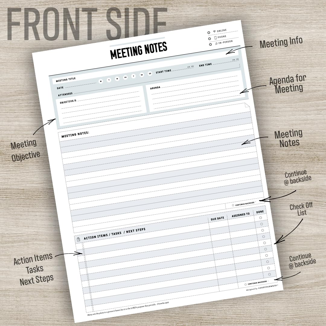 Goody Farm Meeting Notepad - 8.5 x 11-50 Sheets Double Sided Work School Meeting Pad Objectives, Agenda, Notes, Action, Tasks, Project Pads