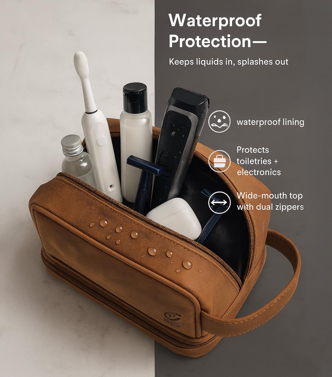 Genuine Leather Travel Cosmetic Bag - Hygiene Organizer Dopp Kit By Rustic Town (Brown)