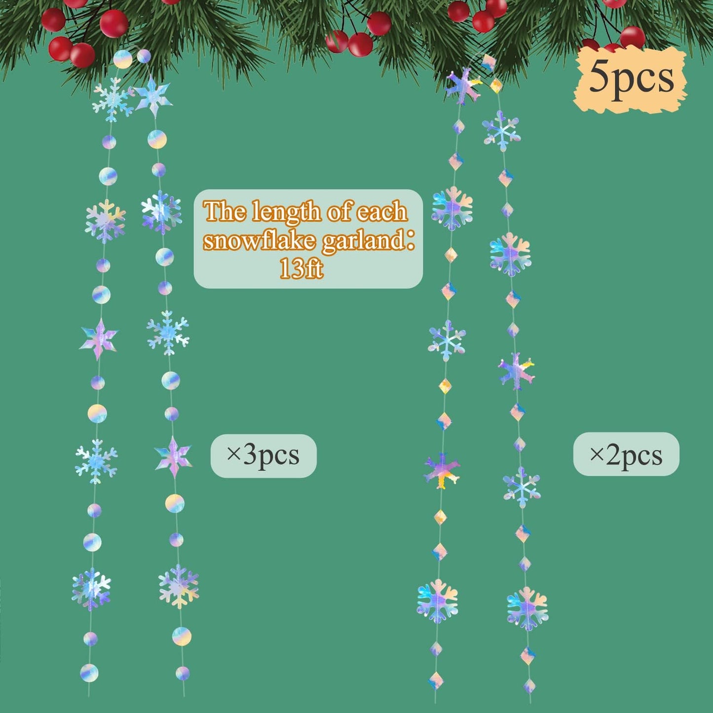 65Ft Winter Wonderland Snowflakes Decorations Iridescent Snowflake Garland- Shimmer Holographic Paper Snowflakes Streamers for Iridescent Party Decor Christmas Frozen Themed Birthday Baby Shower Decor