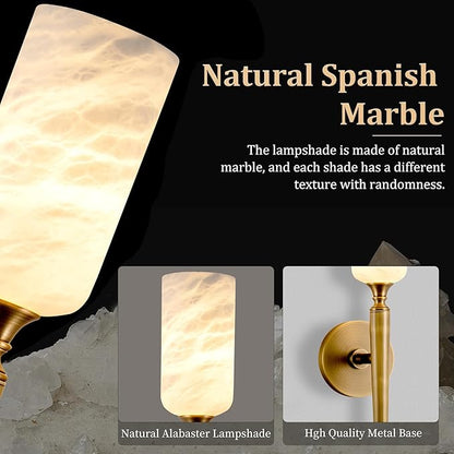 Alabaster Wall Sconce Set of 2, 22in Modern Brass Spanish Natural Marble Bathroom Vanity Sconces, Indoor Gold Wall Lighting Fixtures Decor for Bedroom Living Room Staircases