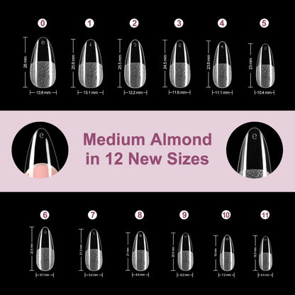 Misssix Short Almond Gel Nail Tips Kit, 216Pcs Pre Etched Clear Fake Nails, Full Cover False Nail 9-in-1 Gel Glue and Portable Mini U V Nail Lamp for Women 12 Sizes