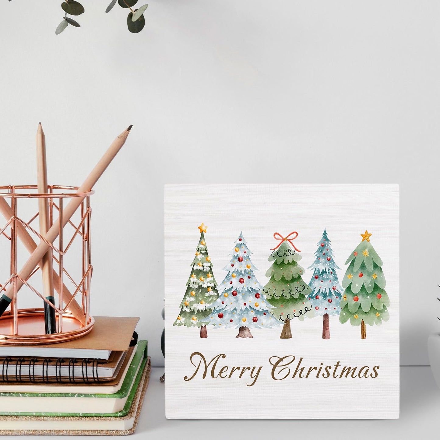 HYKDFMNCJ Merry Christmas Tree Wooden Box Sign Desk Decor, Glitter Holiday Winter Christmas Bauble Tree Wood Signs for Home Bedroom Office Desk Table Shelf Decorations, 5x5 Inch