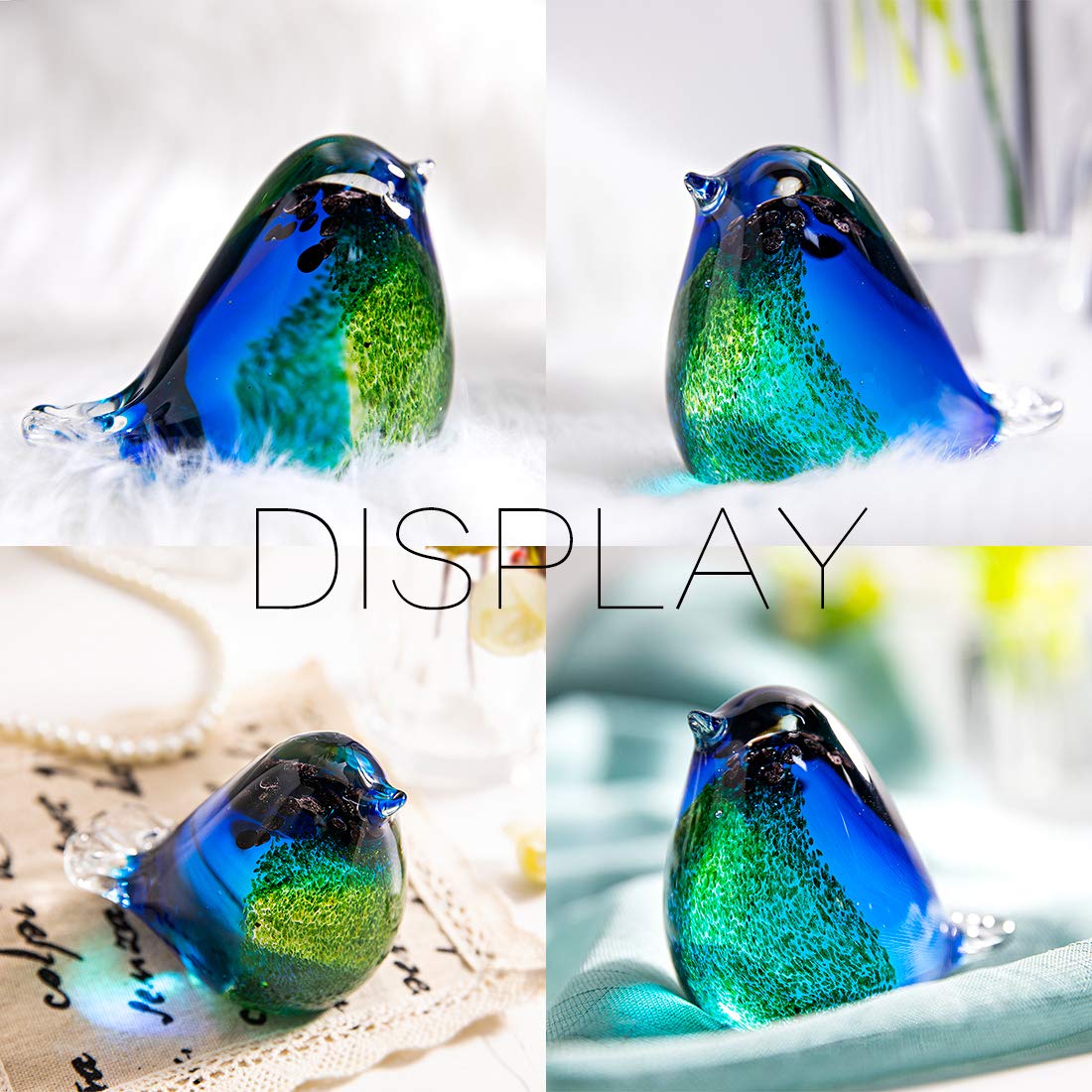 QFkris Qf 4" Glass Bird Handmade Blown Glass Figurine Christmas, Birthday Gift Decorative Ornaments for Home Blue and Green Paper Weight