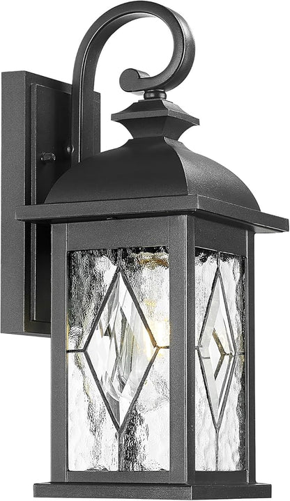 Outdoor Wall Lights Black Exterior Lighting Fixtures with Clear Water Ripper Glass 15 Inch Height Exterior Wall Sconce Light fixtures for House Porch and Garage E26 Socket