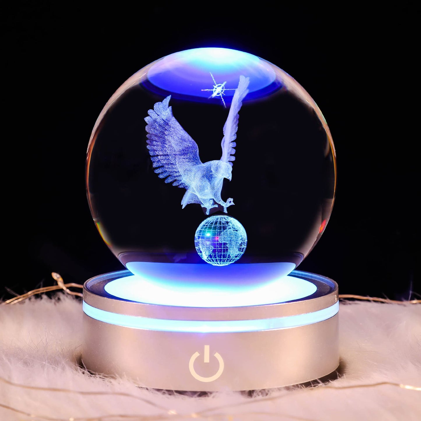 pinyan Eagle Gift 3D Crystal Ball with LED Light Base Unique Decor Glass Figurine Lamps Laser Engraved Nightlight for Best Friend Eagle Lovers Keepsake Paperweight