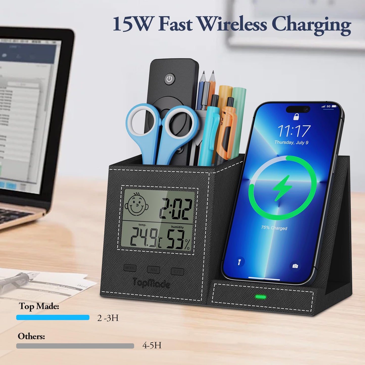 TopMade Wireless Charger with Pen Holder, Leather Desk Nightstand Organizer Home Office Supplies Pencil Holder Fast Charging Station, Digital Thermometer and Humidity Gauge Gifts for Men(Black)