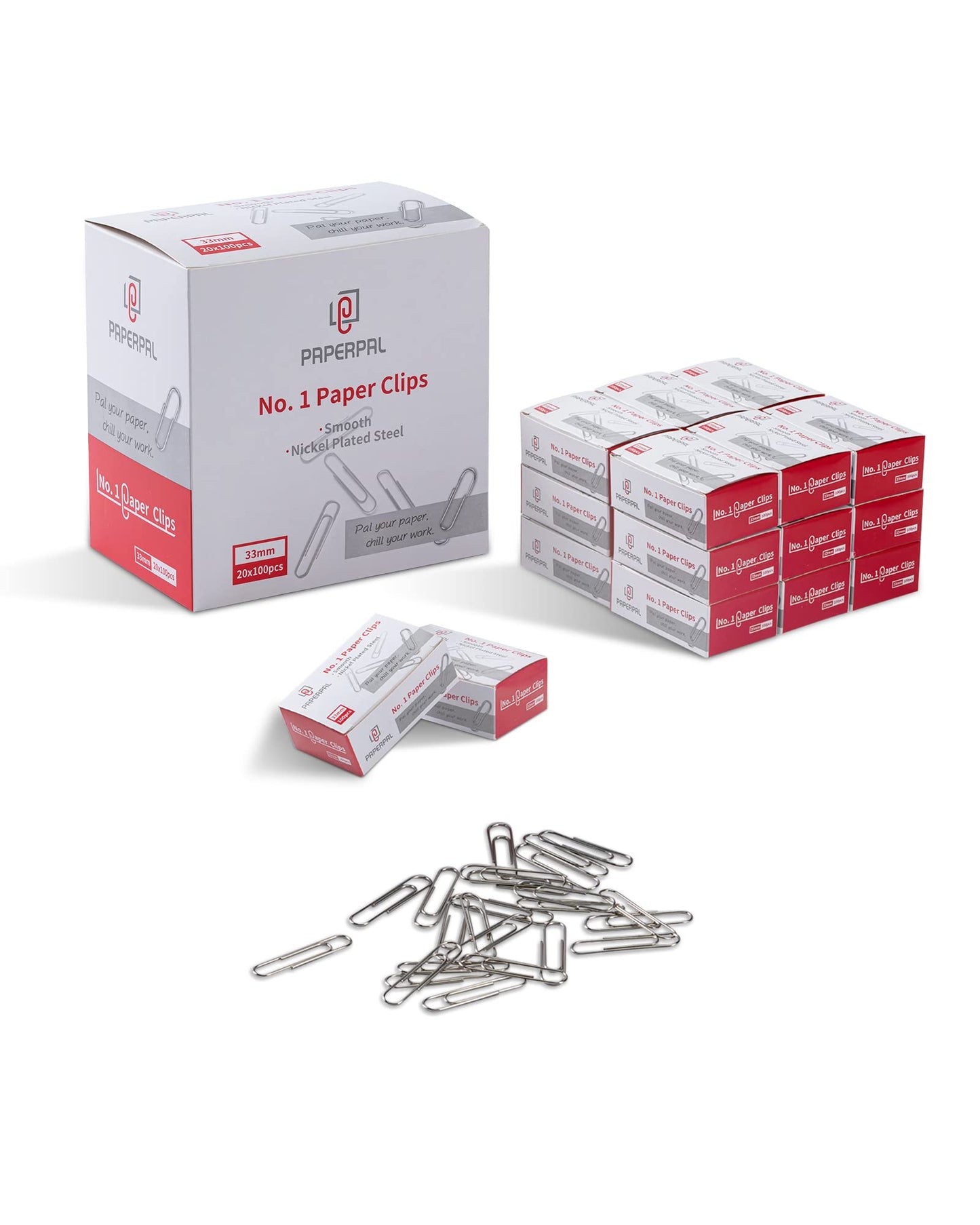 PAPERPAL Paperclips for Office School & Personal Use, #1 Smooth Paper Clip (1-2/7"), 2000 Medium Paper Clips (20 Boxes of 100 Each), Silver