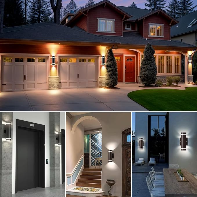 dephen Outdoor Up Down Wall Light, Dusk to Dawn LED Exterior Sconces Light 3000K/4000K/5000K /10W/20W/30W Adjustable, Brown Aluminum Modern Cylinder Porch Lights (UL-Listed)
