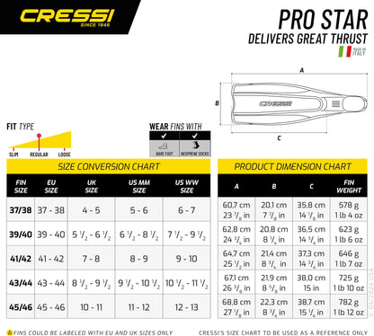 Cressi Adult Reactive Full Foot Pocket Scuba Diving Fins | Pro Star: Made in Italy,Black