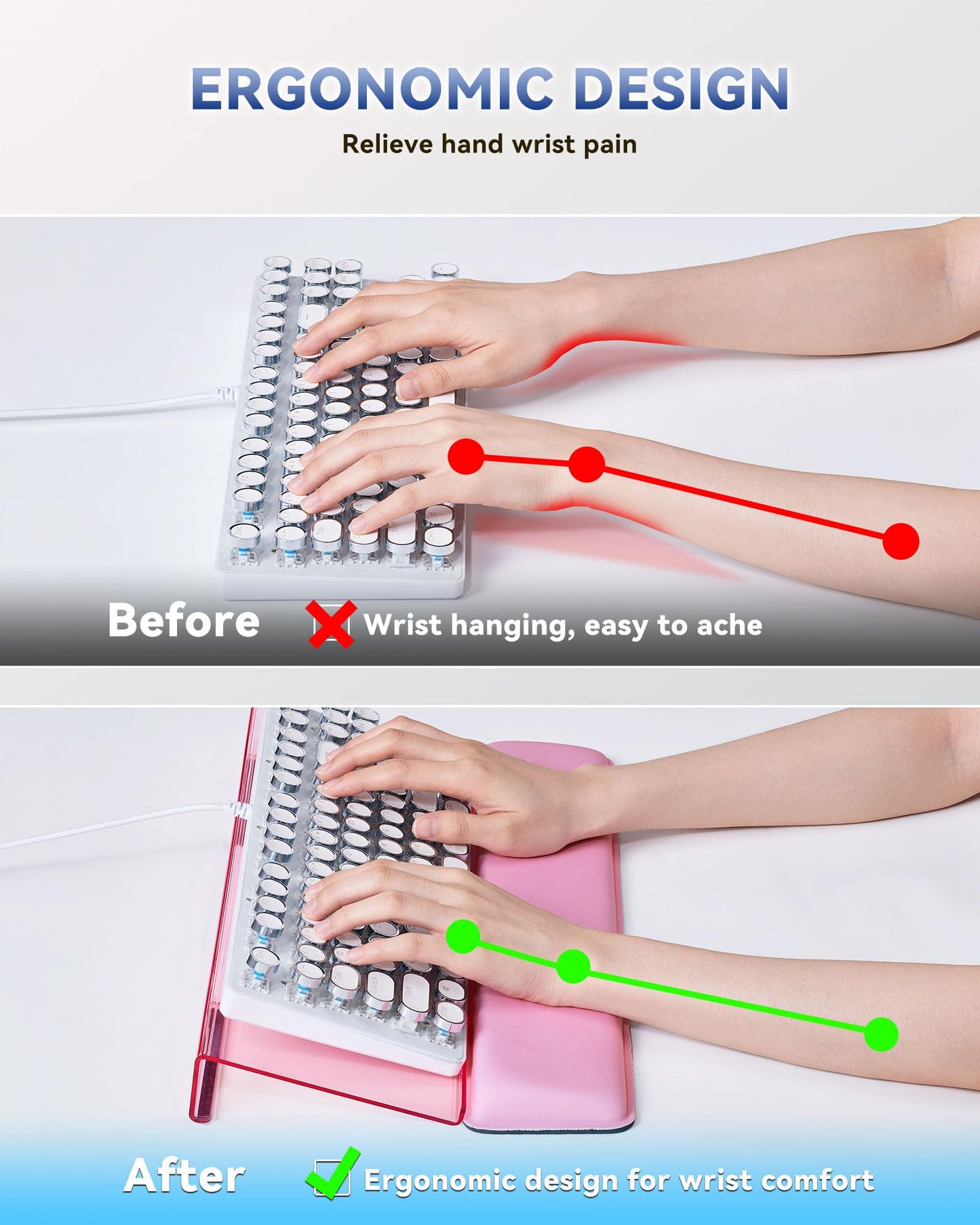 Laborio Computer Keyboard Wrist Rest Stand for Desktop, Keyboard Holder for Easy Typing with Wrist Pad for Office Desk, Home, School (Pink)