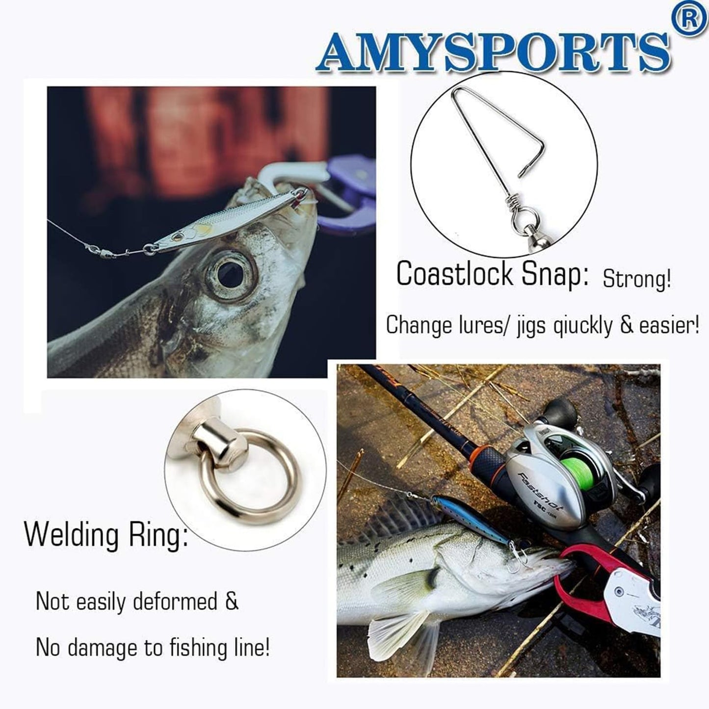 AMYSPORTS High Strength Stainless Fishing Swivels - Ball Bearing Saltwater Corrosion Resistance Barrel Swivels, 50pcs, 220lbs
