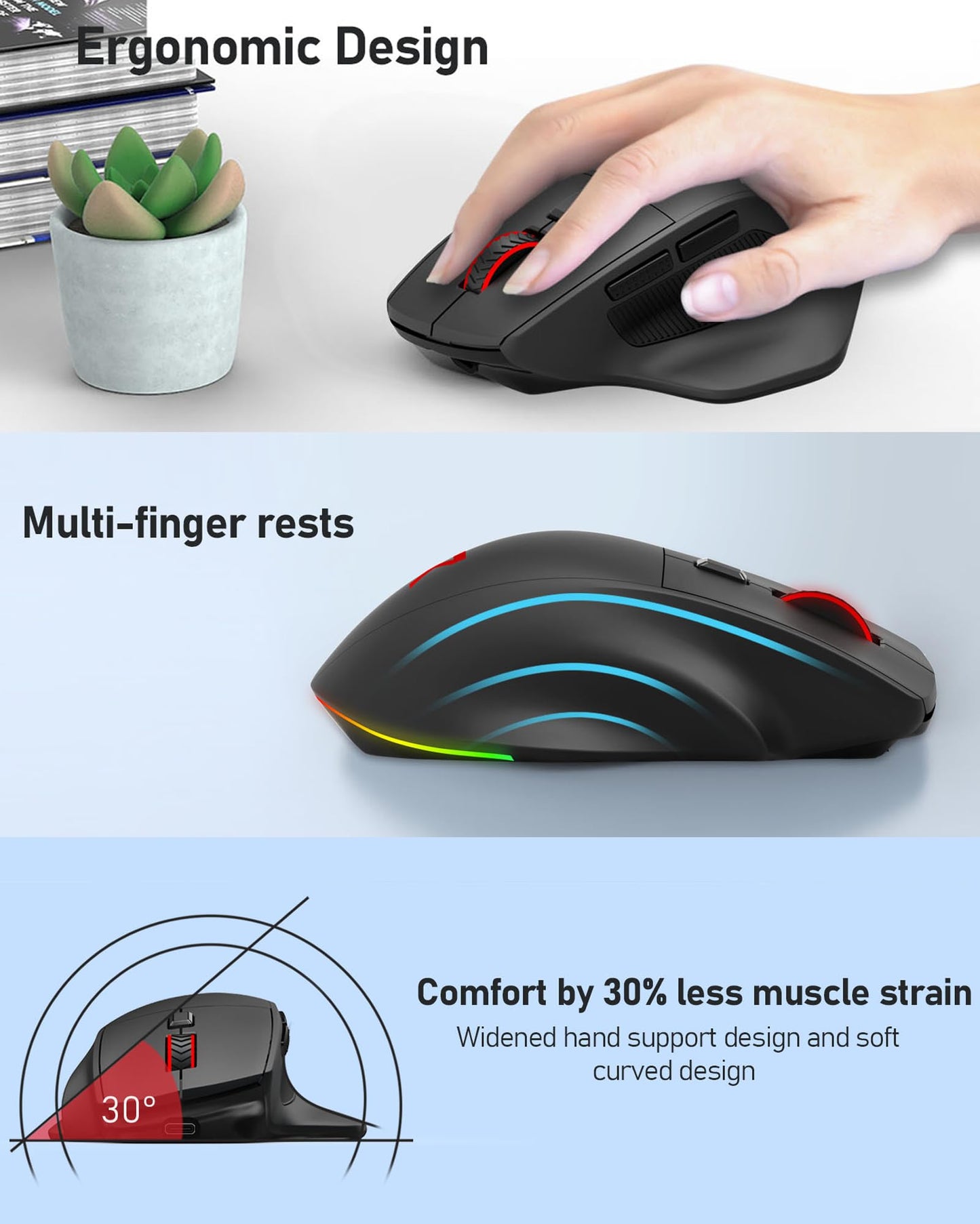 Redragon Large Wireless Gaming Mouse for Big Hands, Tri-Modes 2.4G/Bluetooth/Wired Rechargeable Ergo RGB Mouse with 2 Side Buttons, 6 Backlit Modes, Programmable Macro Gamer Mouse