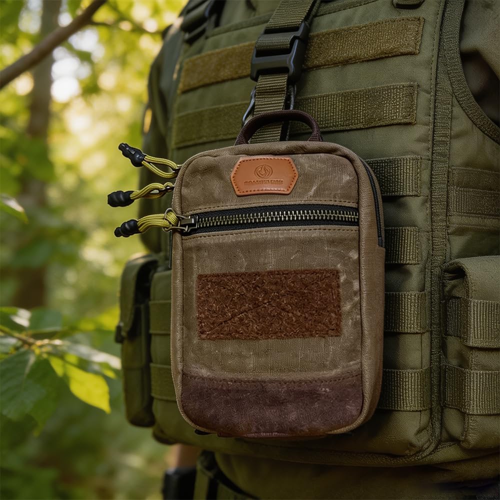 Roaring Fire Smolder Tactical EDC Pouch, Waxed Canvas with Brass YKK Zipper, MOLLE Organizer with Patch Panel for Range Bag, Daily Carry & Hiking Gear