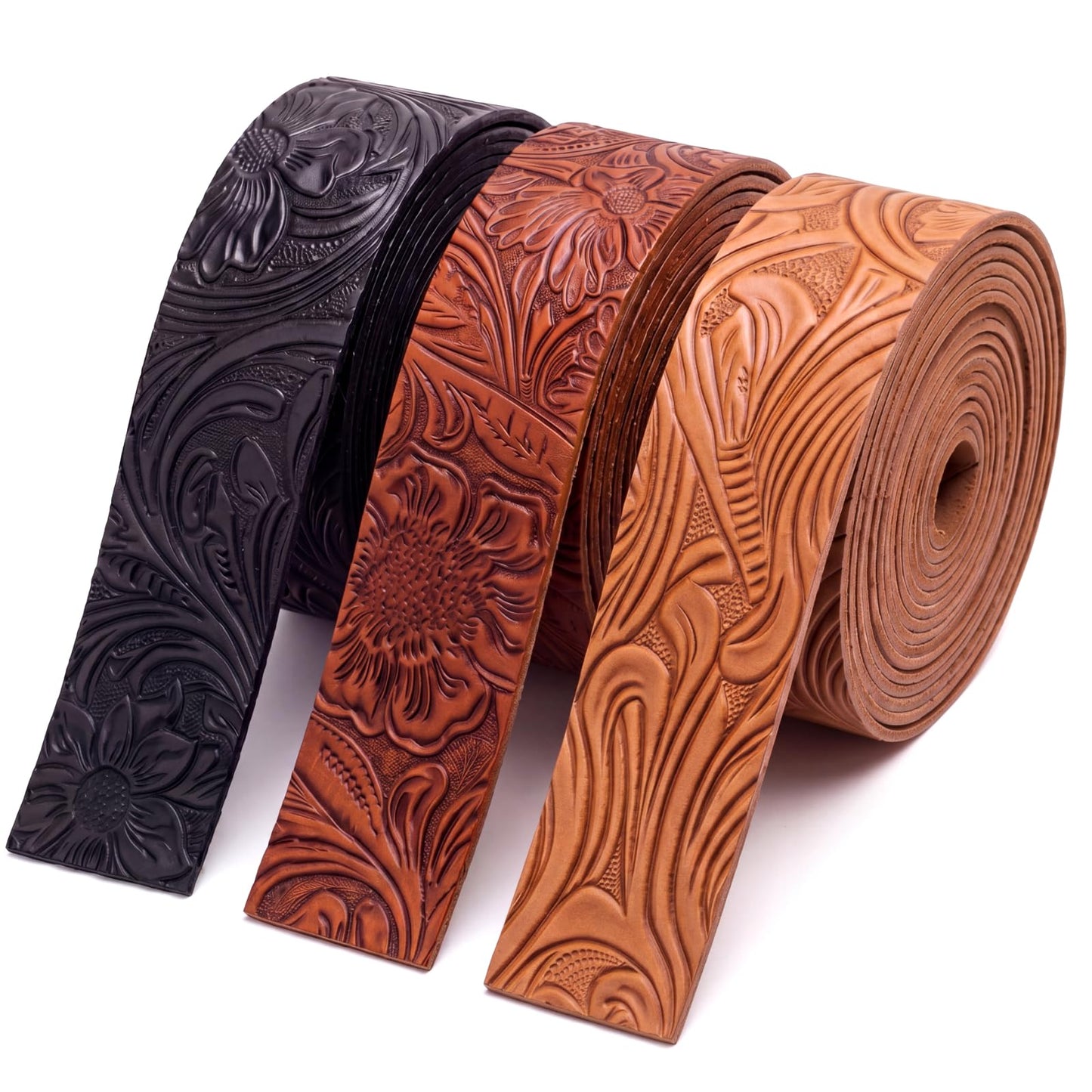 Eccliy 1 Inch 3 Pack Embossed Faux Leather Strips for Crafts 2 mm Thickness 78.7 Inches Long Leather Straps Vintage Western Bump Texture for DIY Belt Tooling Earrings Bows Projects (Earthy)