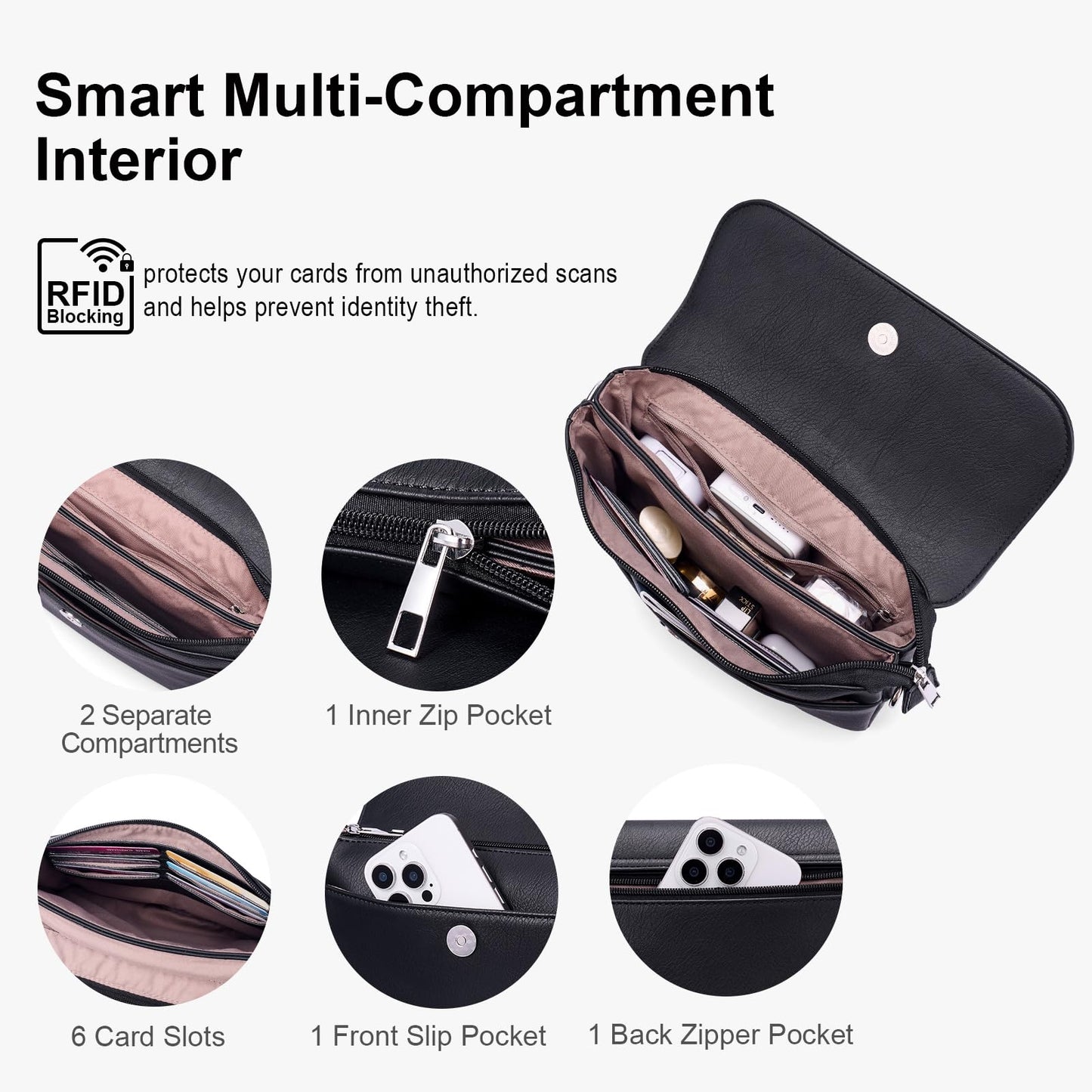 Lexiyat Crossbody Bags for Women Vegan Leather Travel Small Cell Phone Purse Rfid Shoulder Bag with 2 Straps Black