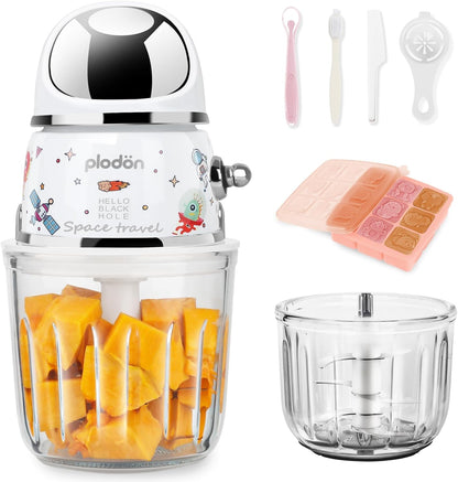 Baby Food Maker Mini Cute and Small Food Processor Puree Blender Grinder Chopper 1.2 Cup Glass Bowl with 6 Blade Electric (Spaceman-White(One Bowl))