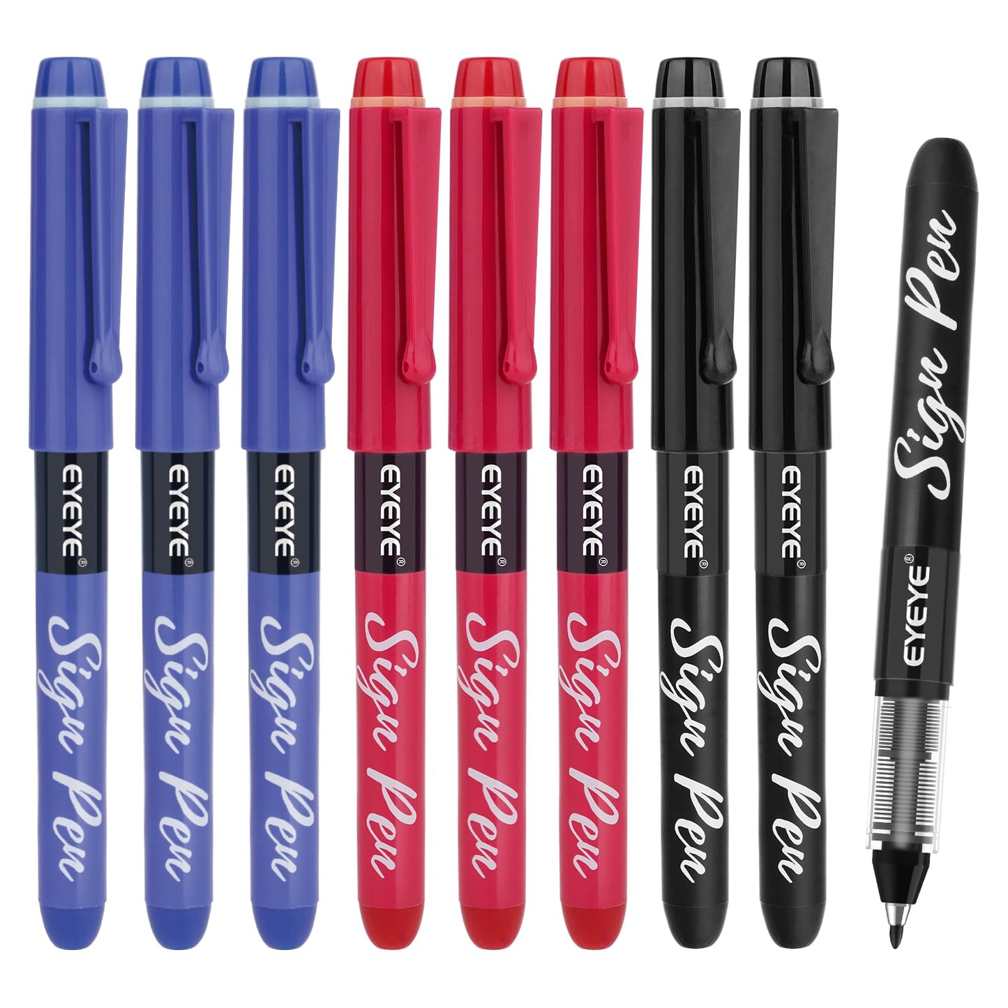 EYEYE Sign Pens 9 Pack (Black Blue Red)- 1.0mm Nib Tip - 0.6mm Line, Liquid Ink Sign Pen Smooth Writing - Fineliner Marker Pens Quick Drying