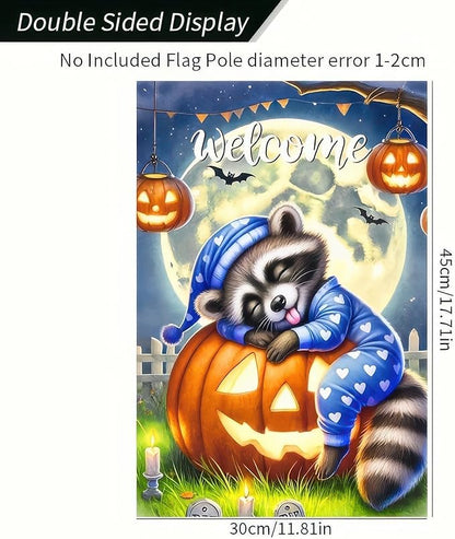 Halloween Raccoon Jack O Lantern Garden Flag Double Sided, Halloween Holiday Decorative Yard Outdoor Home Small Decor, Fall Autumn Outside House Decoration 12 x 18 inch