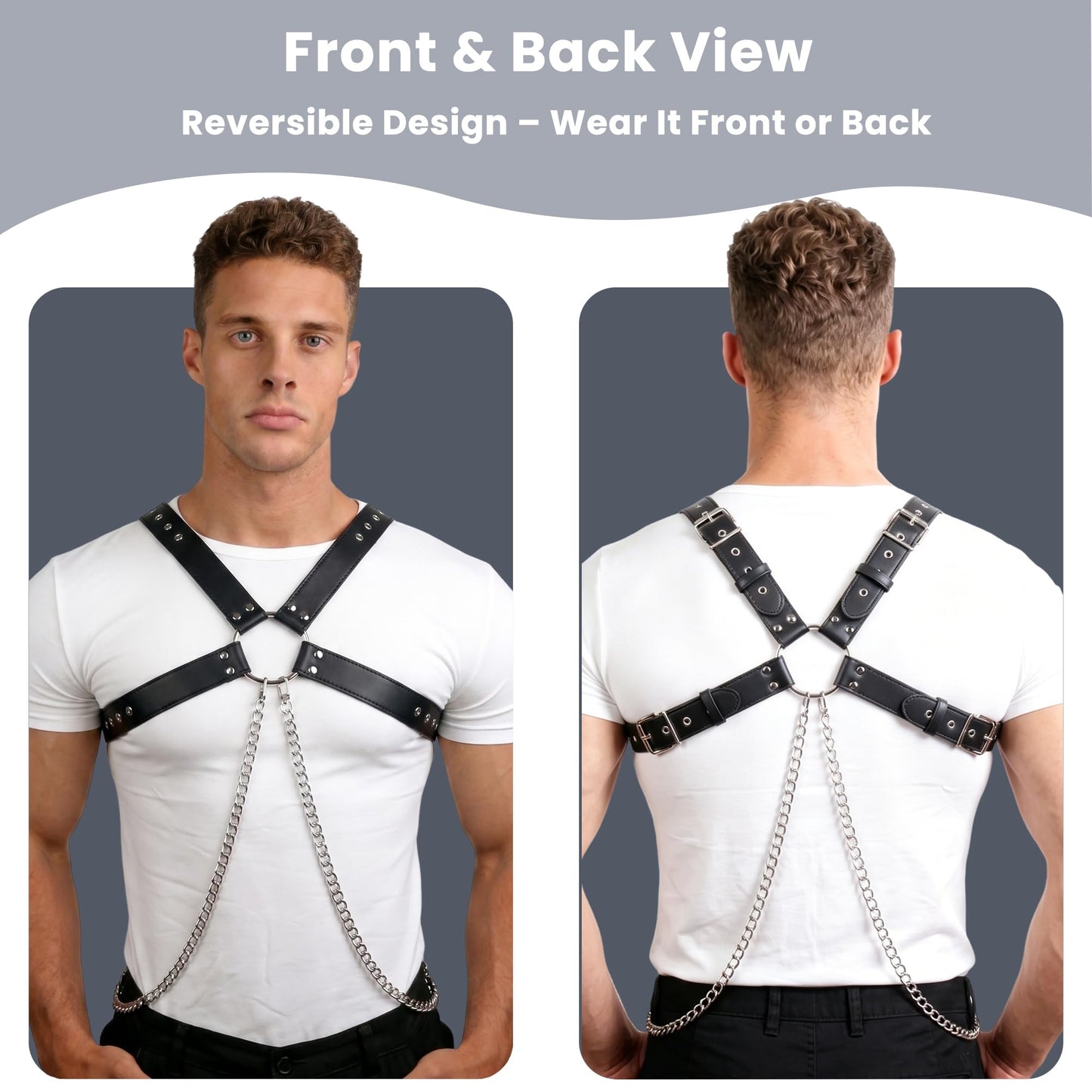 Brycarely Mens PU Leather Chest Harness Chains Costume Cosplay Top, Adjustable Body Harness Shoulder Straps Male Punk Fashion Steatement Rave Outfit for Music Festival Party Halloween Cosplay D167