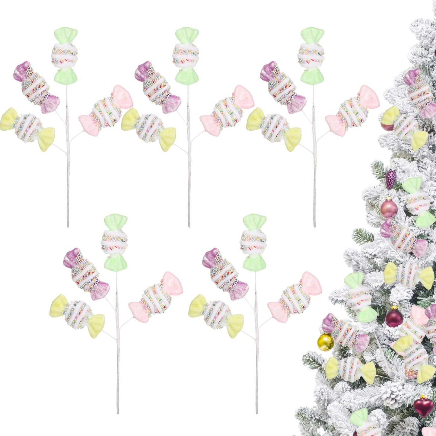 Norme 5 Pcs 16 Inch Pastel Candy Christmas Tree Picks Decoration, Gitter Candy and Lollipop Picks for Christmas Tree Branches, Xmas Ornaments for Wreath Vase Filler Home(Bow Sweets)