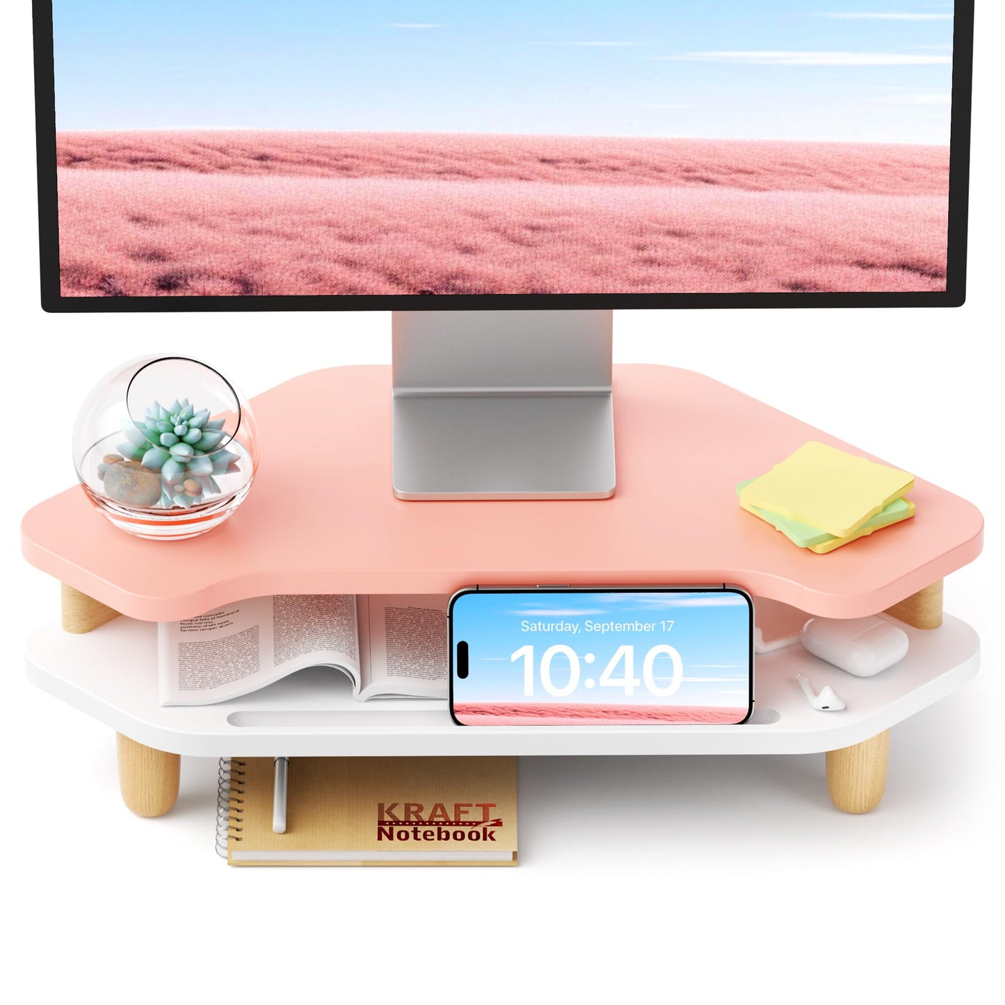 AFOOYO Monitor Stand Riser,2 Tier Corner Wood Sturdy 16.5In Computer Stand, Multi-Purpose Desktop Storage Stand for Laptop,PC,iMac,Printer,Computer,Pink