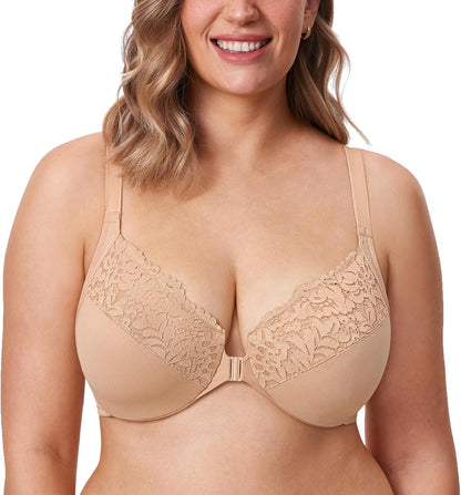 DELIMIRA Women's Front Closure Plus Size Full Coverage Lace Underwire Racerback Bra