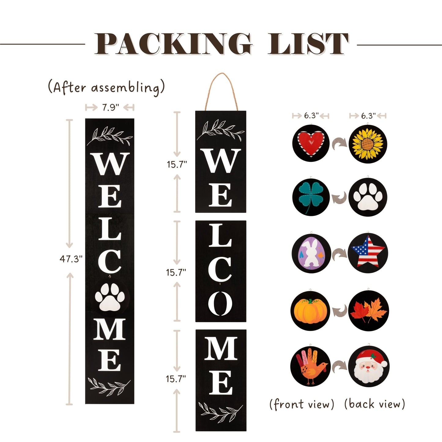 Perfnique Welcome sign for front porch standing, 47 x 7.9 Inch Wooden Leaner Sign with 10 Interchangeable Designed Icons, Seasonal Decor for Spring Easter Fall Christmas(Black)