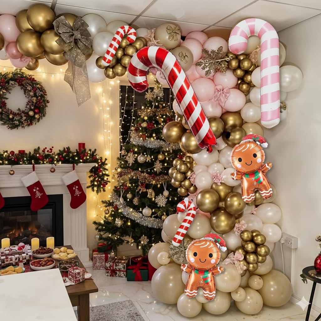 138PCS Pastel Pink Beige Christmas Balloon Arch Kit, Dusty Baby Pink Pearl Ivory White Cream Metallic Gold Balloon Arch Set with Candy Cane Gingerbread Foil Balloos for New Year Xmas Party Decorations