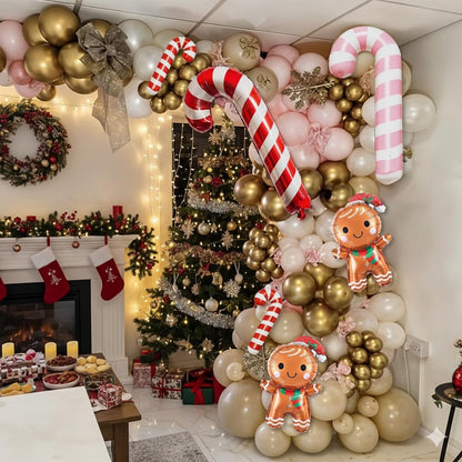 138PCS Pastel Pink Beige Christmas Balloon Arch Kit, Dusty Baby Pink Pearl Ivory White Cream Metallic Gold Balloon Arch Set with Candy Cane Gingerbread Foil Balloos for New Year Xmas Party Decorations