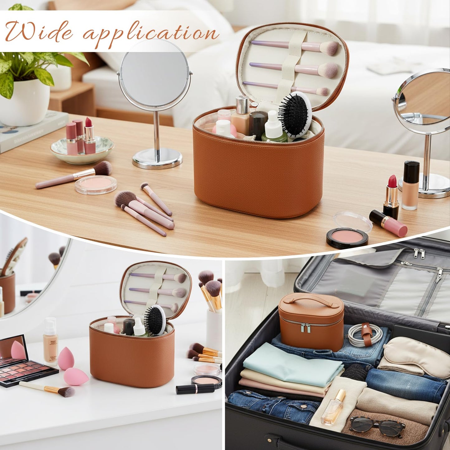 KongTiva Leather Make Up Bags, Large Capacity Cosmetic Case with Removable Compartment Waterproof Leather Makeup Travel Bags Organizer, Brown