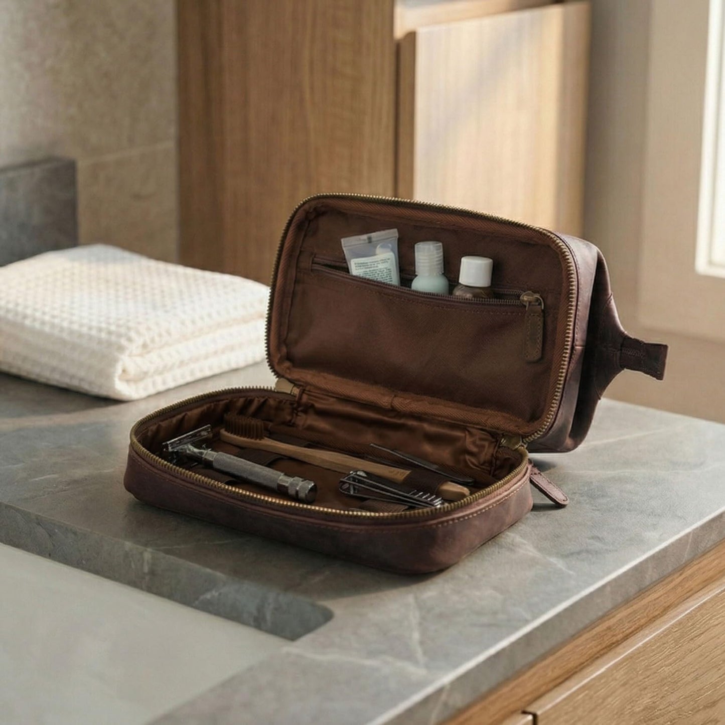 LEATHER VILLAGE Genuine Leather Dopp Kit – Large Travel Toiletry Bag with Waterproof Lining, Dual-Zip Design for Men & Women, Organizer for Shaving, Makeup & Essentials - Cherry