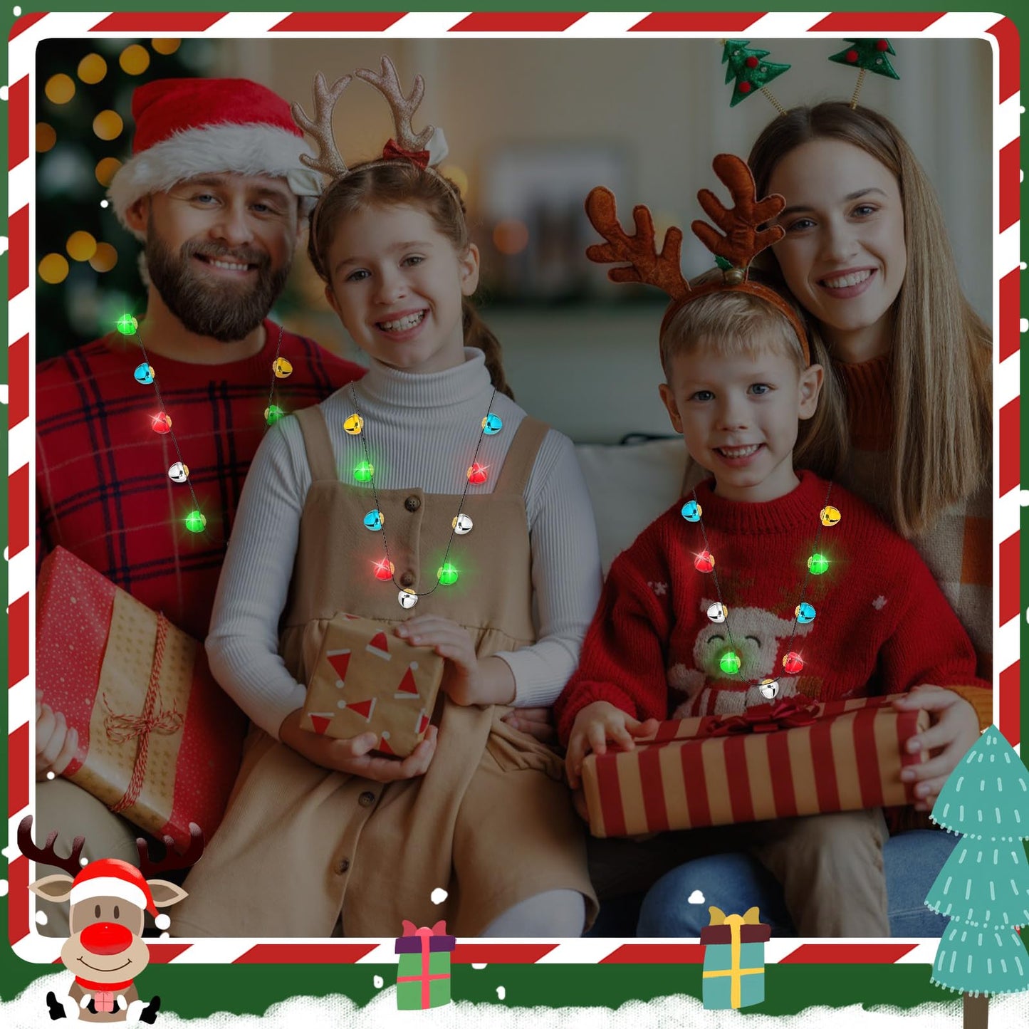 NOVWANG 4Pcs Christmas Light Necklace, Jingle Bell Light up Christmas Necklace for Xmas Winter New Year Ugly Sweater Holiday Party Supplies Accessories