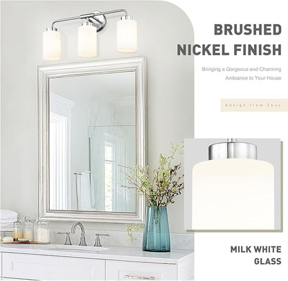 zeyu 21.6 Inch Bathroom Lights Fixtures Over Mirror, Modern Bathroom Wall Light with Milky White Glass Shade, Brushed Nickel Finish, ZS62B-3W BN