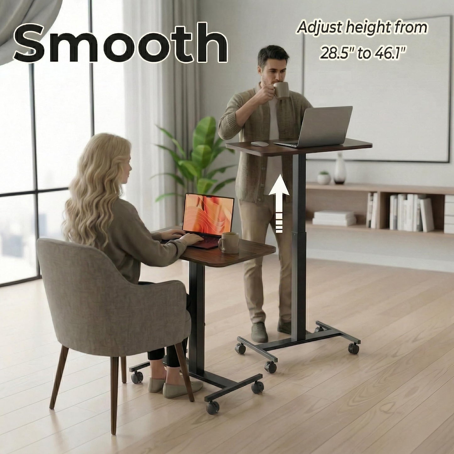 HUANUO Small Rolling Laptop Standing Desk, Height Adjustable Mobile T-Base Desk with Lockable Casters, Portable Sit-Stand Workstation for Bedside & Sofa, Walnut