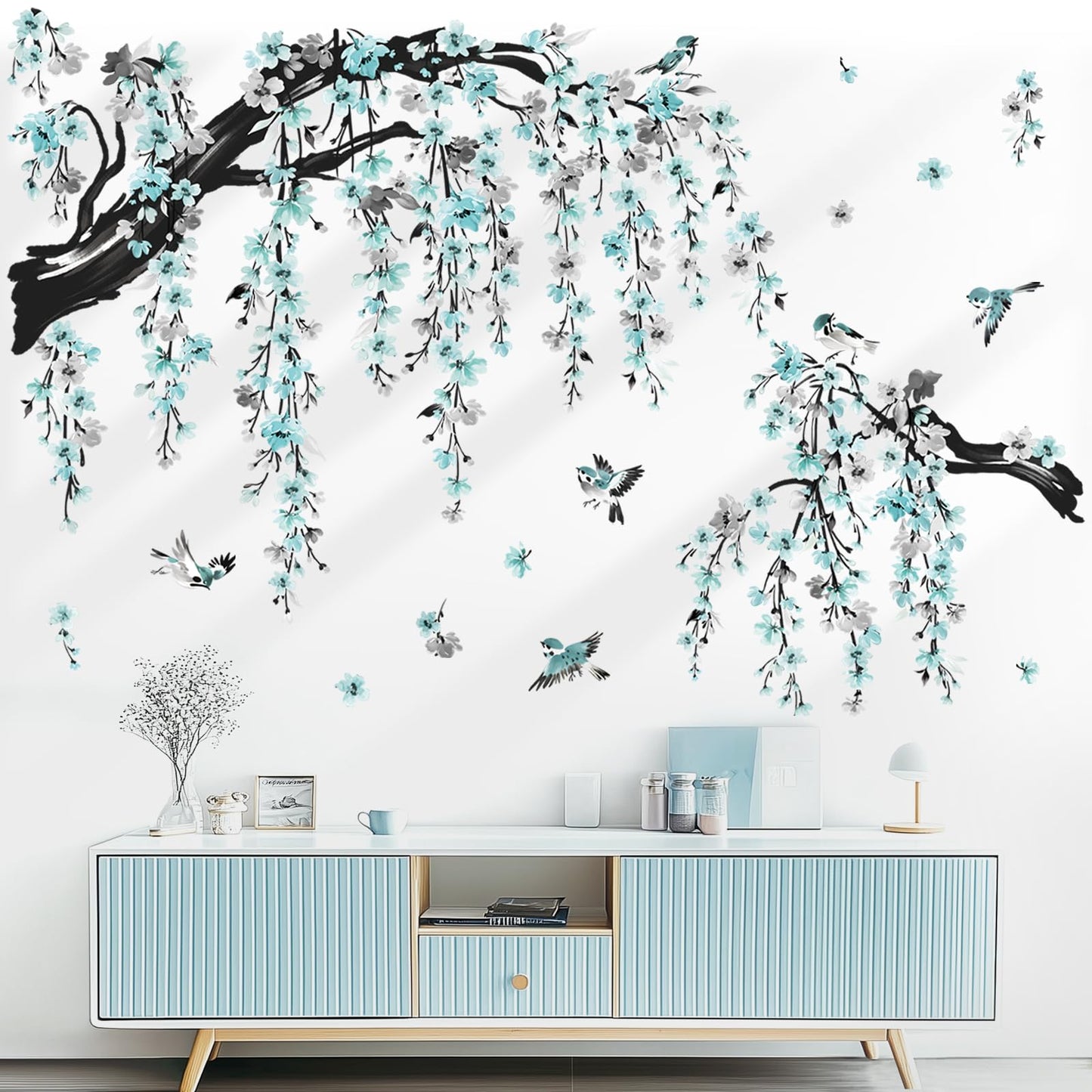 wondever Large Watercolor Flower Branch Wall Stickers Blue Blossom Tree Branches Peel and Stick Wall Art Decals for Living Room Bedroom TV Wall