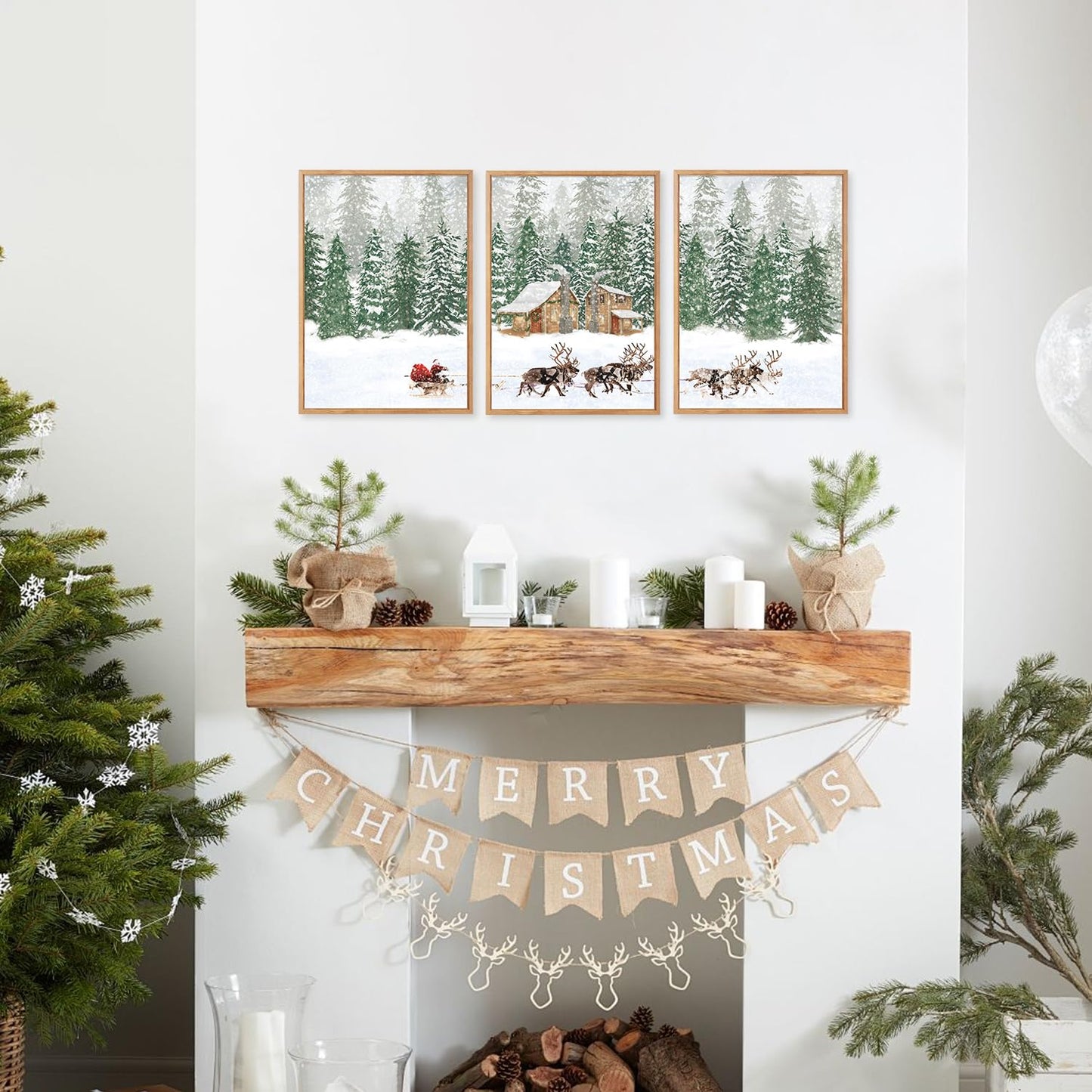 CHDITB Santa Claus Reindeer Sleigh Framed Canvas Wall Art(12"x16"), 3 Panels Christmas Winter Holiday Artwork Prints, Large Rustic Xmas Gift Snow Scene Forest Landscape Decor for Home Office Bedroom