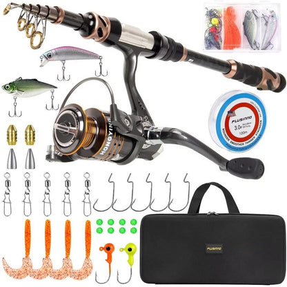 PLUSINNO Fishing Rod and Reel Combos -24 Ton Carbon Fiber Telescopic Fishing Pole - Spinning Reel 12 +1 Shielded Bearings Stainless Steel BB-Free Carrier Bag Case, Travel Saltwater Freshwater Fishing