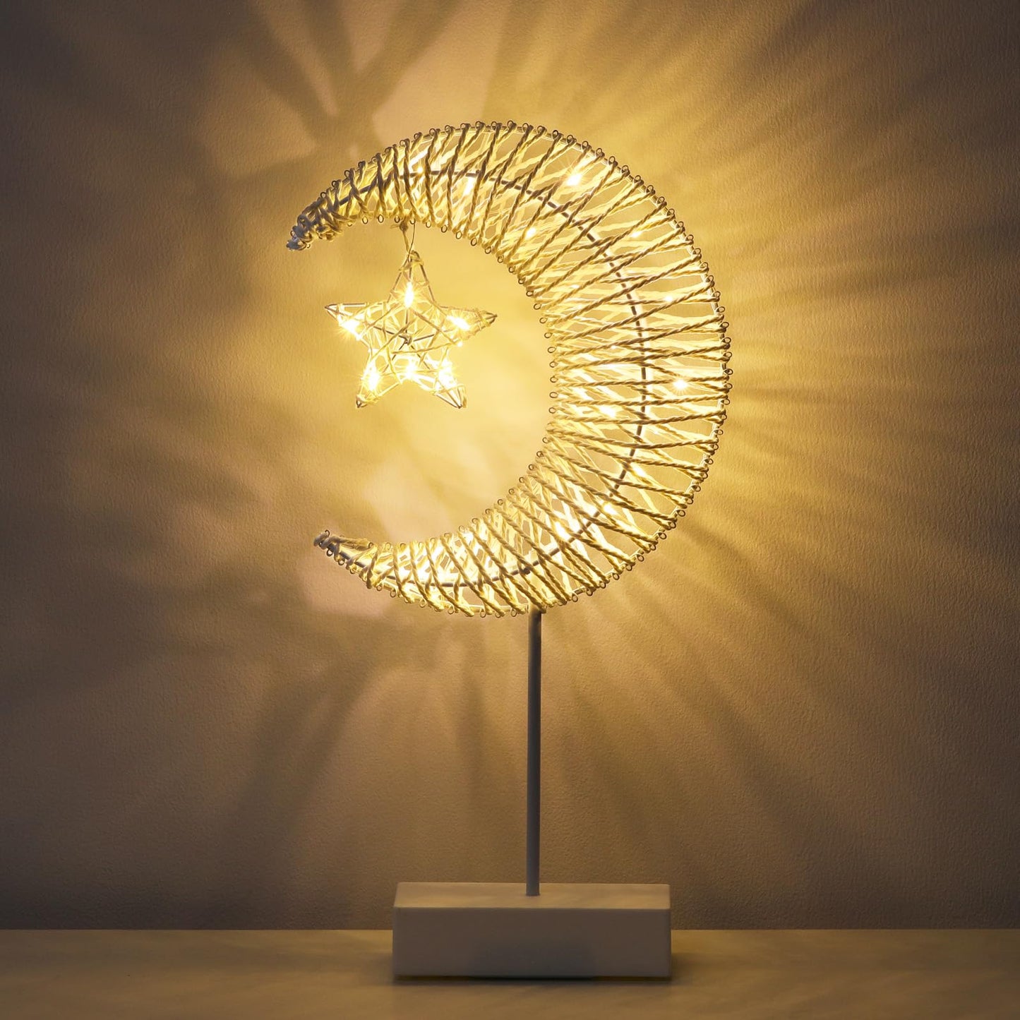 Lewondr Decorative Table Lamp, Christmas Moon Star Ramadan Desk Lamp Battery Powered Warm LED Crescent Light for Xmas Home Bedroom Bedside Desktop Nightstand Decoration, White