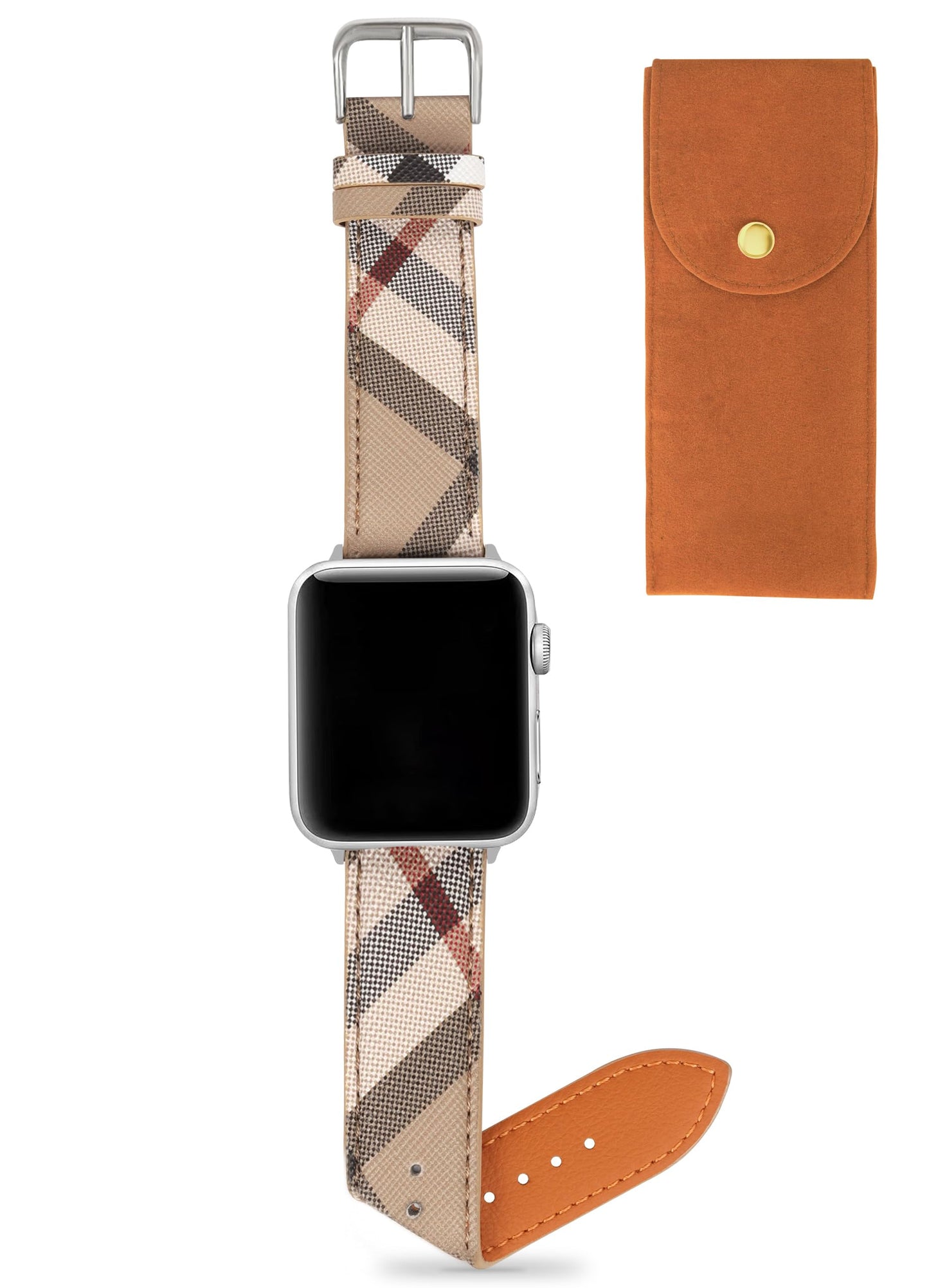 Designer Watch Band for Women Compatible with Apple Watch Bands 45mm 44mm 42mm, Luxury Leather Classic Beige Plaid Watch Band Compatible for iWatch Series 10/9/8/7/6/5/4/3/2/1/SE