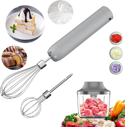 4-in-1 Electric Hand Mixer, Electric Whisk, Mini Onion Chopper 10Oz, Small Cordless Hand Blender, Milk Frother Wand for Coffee, Matcha, 4 Speed Rechargeable Food Processor for Baby Food Maker