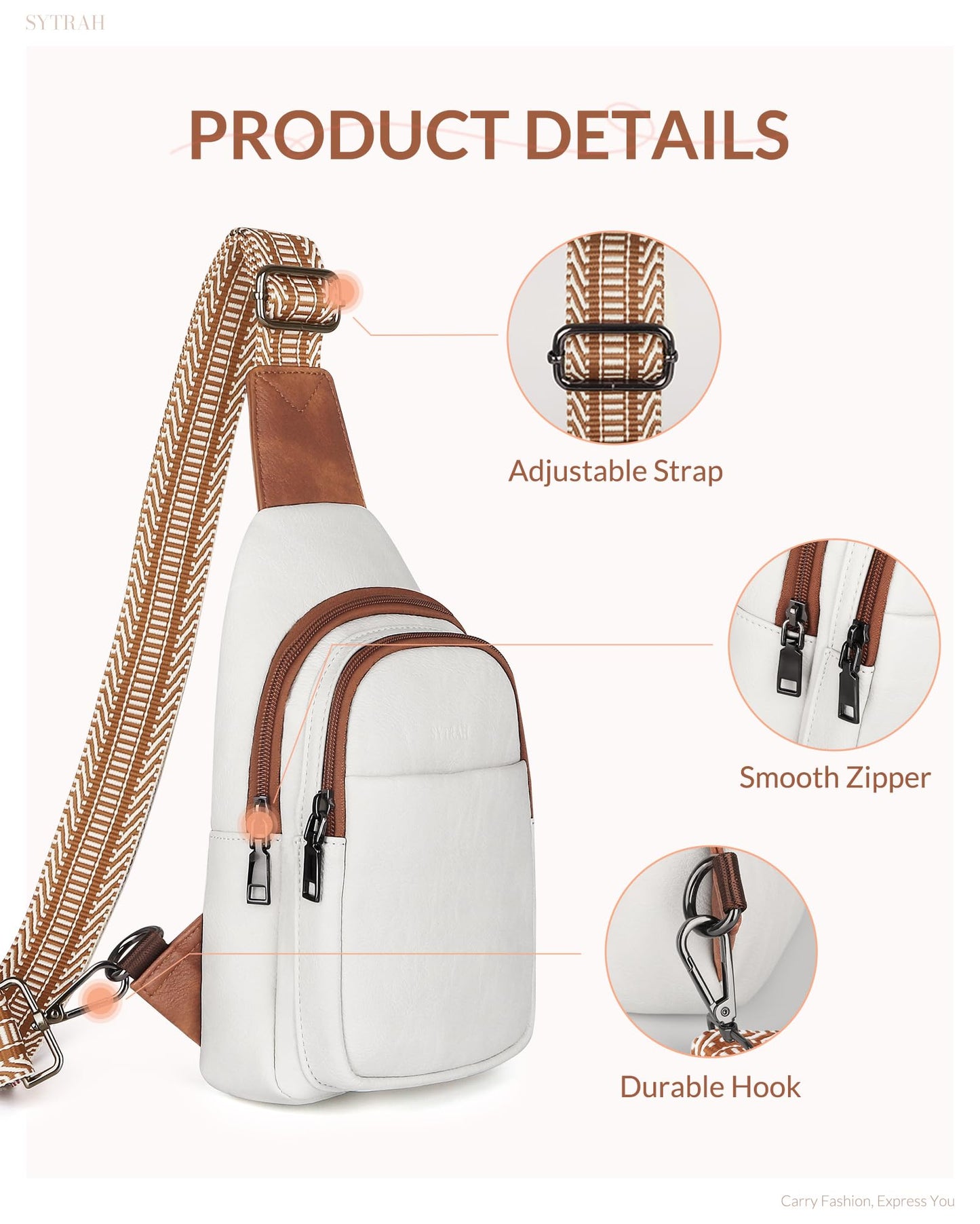 SYTRAH Sling Bag for Women, Crossbody Bags Purse for Women Trendy Vegan Leather Chest Bag with Adjustable Guitar Strap, Beige Brown