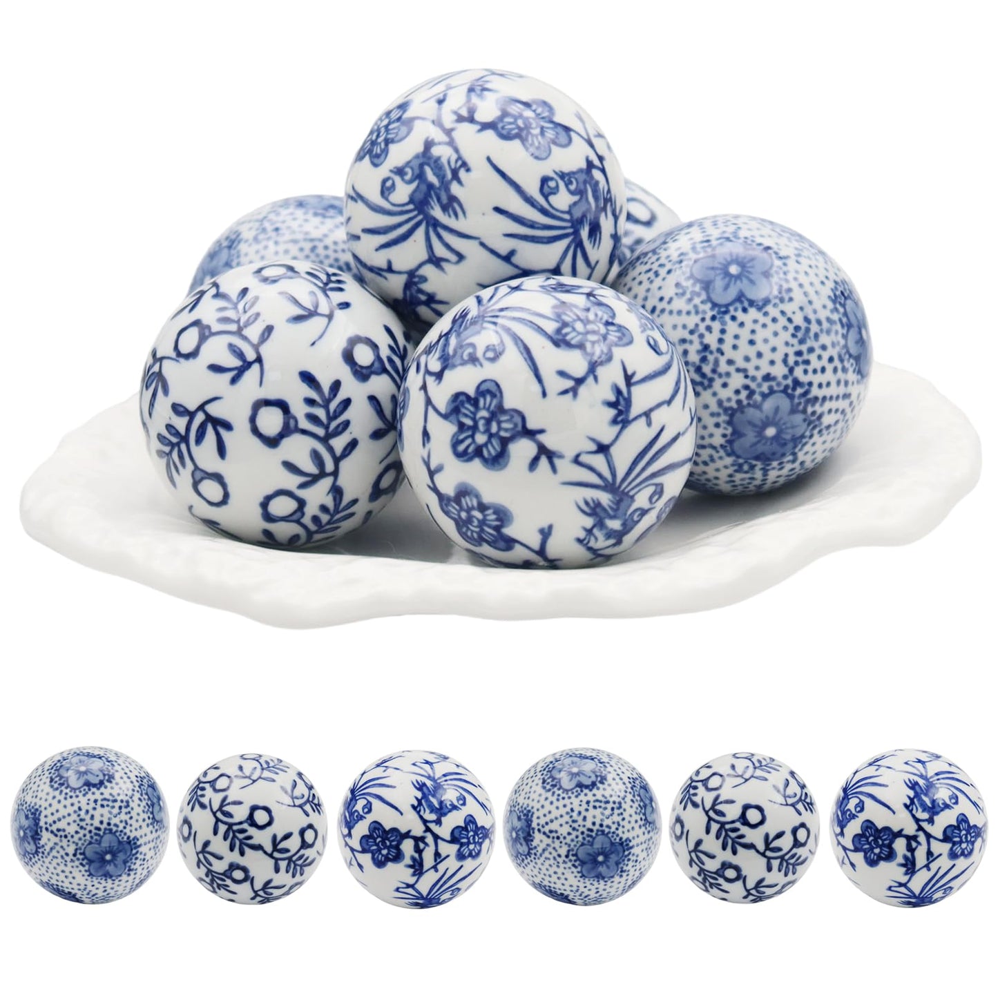 CX Mpapali 6 Pcs Decorative Blue Balls Chinoiserie Blue and White Ceramic Balls for Centerpiece Bowls Farmhouse Basket Tray Vases Decoration Gifts for Dining Table Holiday(A)